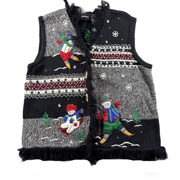 Erika Vintage Sweater Vest Cardigan Snowman Skiing Fringe Trim Black XL I145 - Picture 1 of 9